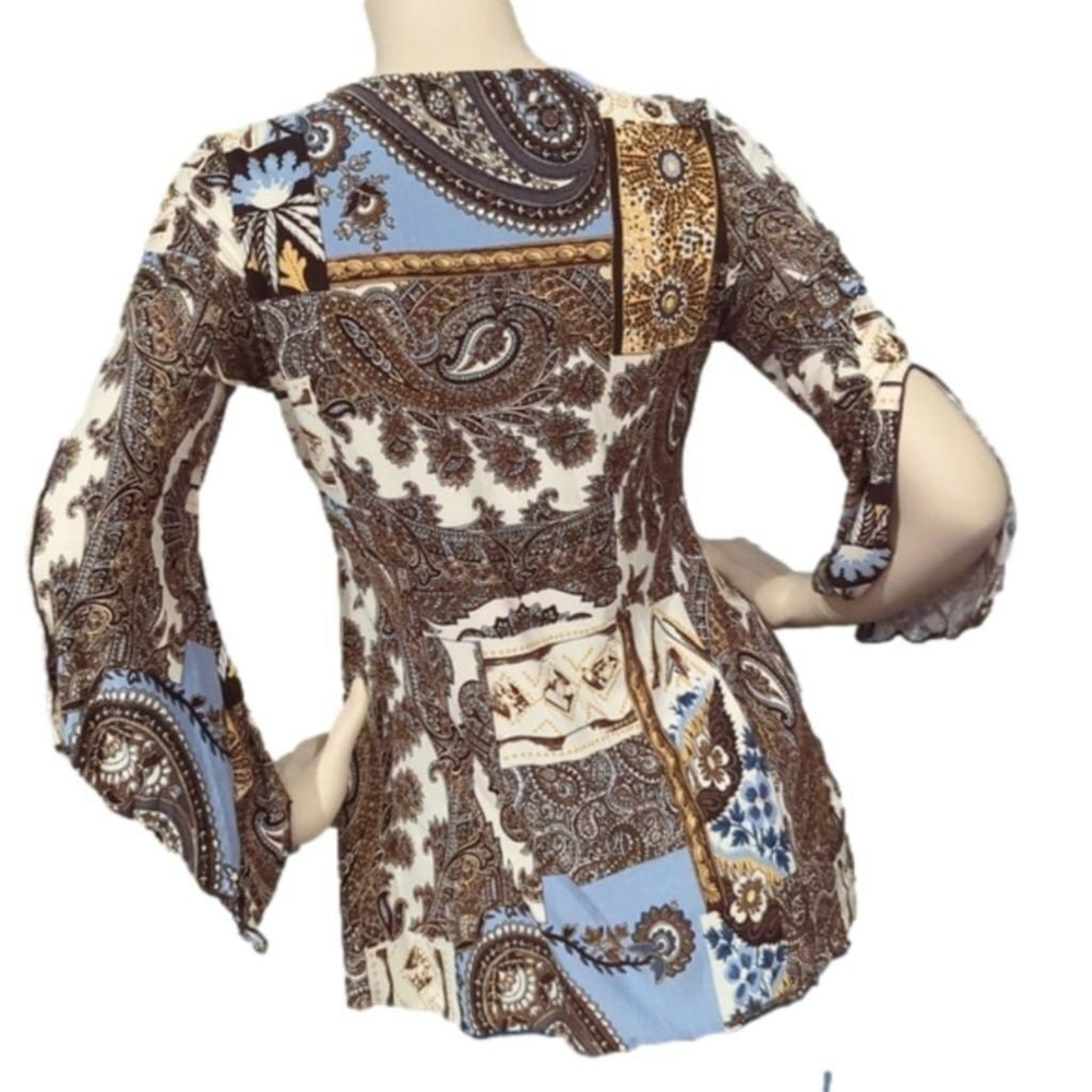 Bohemian Top Medium Split sleeve Brown Paisley Long Sleeve Blouse Baby doll top - Picture 6 of 12